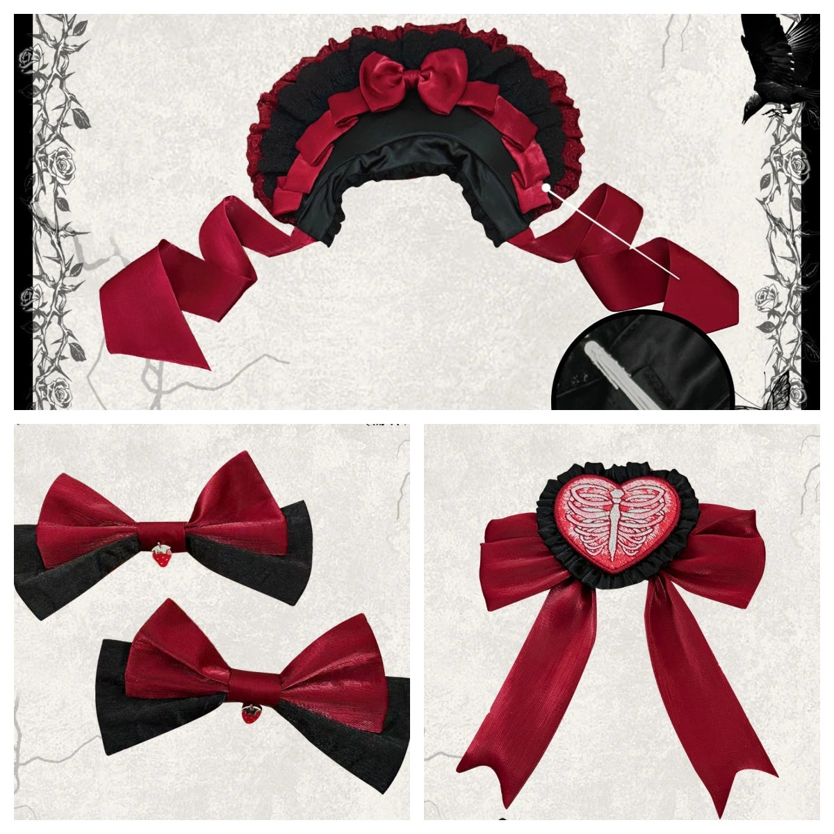 Strawberry Heart Bone Black and Red Gothic Lolita OP Dress