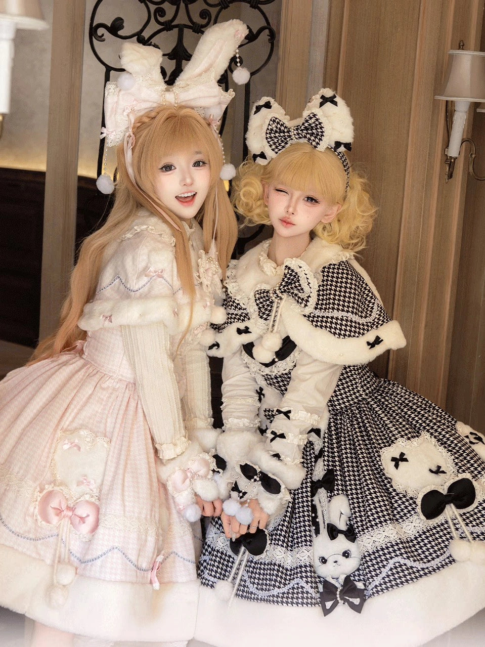Bunny Ball 2.0 Lolita Winter Doll Style JSK Cape Set Black Plaid Version