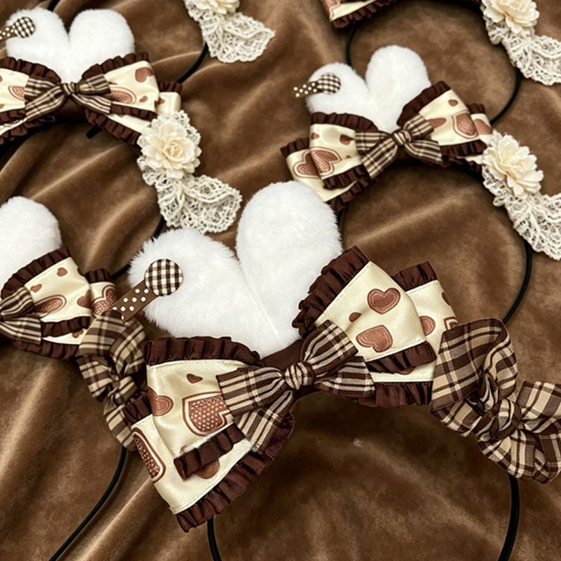 Chocolate Bear Bunny Ear Plaid Lolita KC Headband with Bow