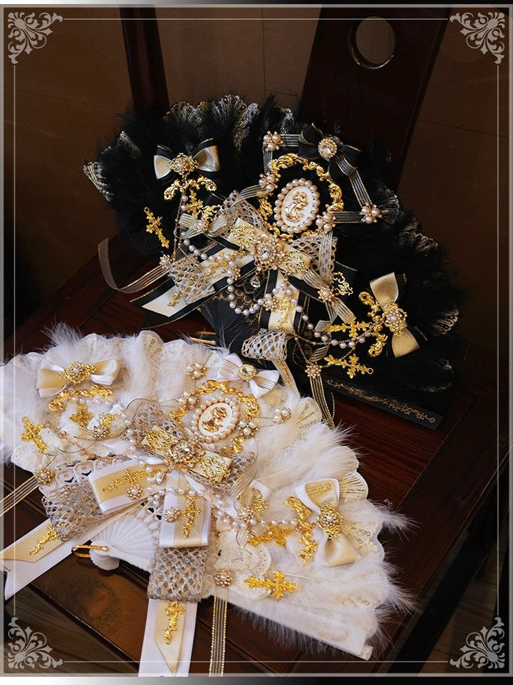 Lolita Handmade Imperial Gorgeous Palace Style Black & White Feather Fan