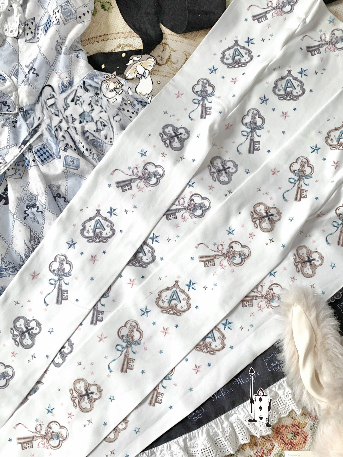 Alice Gold or Silver Key Print Stretch Velvet Lolita Tights