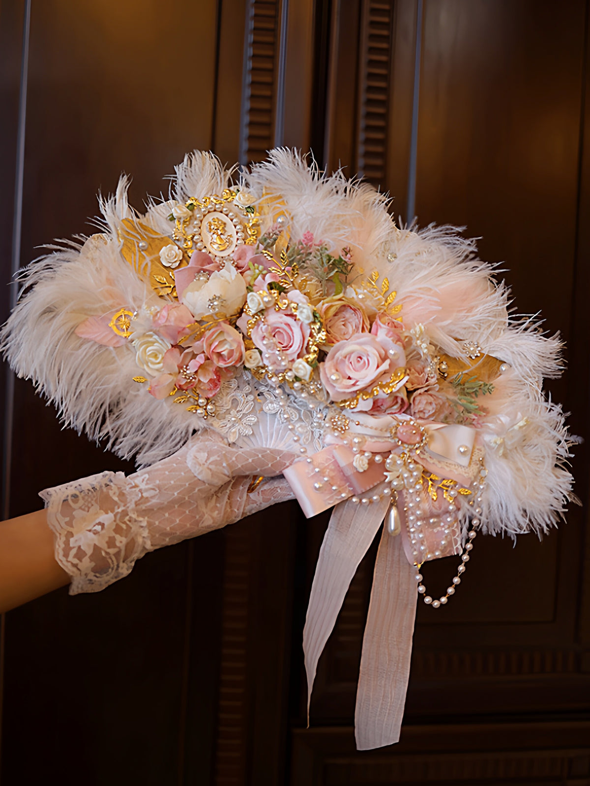 Lolita Handmade Rococo Bridal Tea Party Ostrich Feather Fan