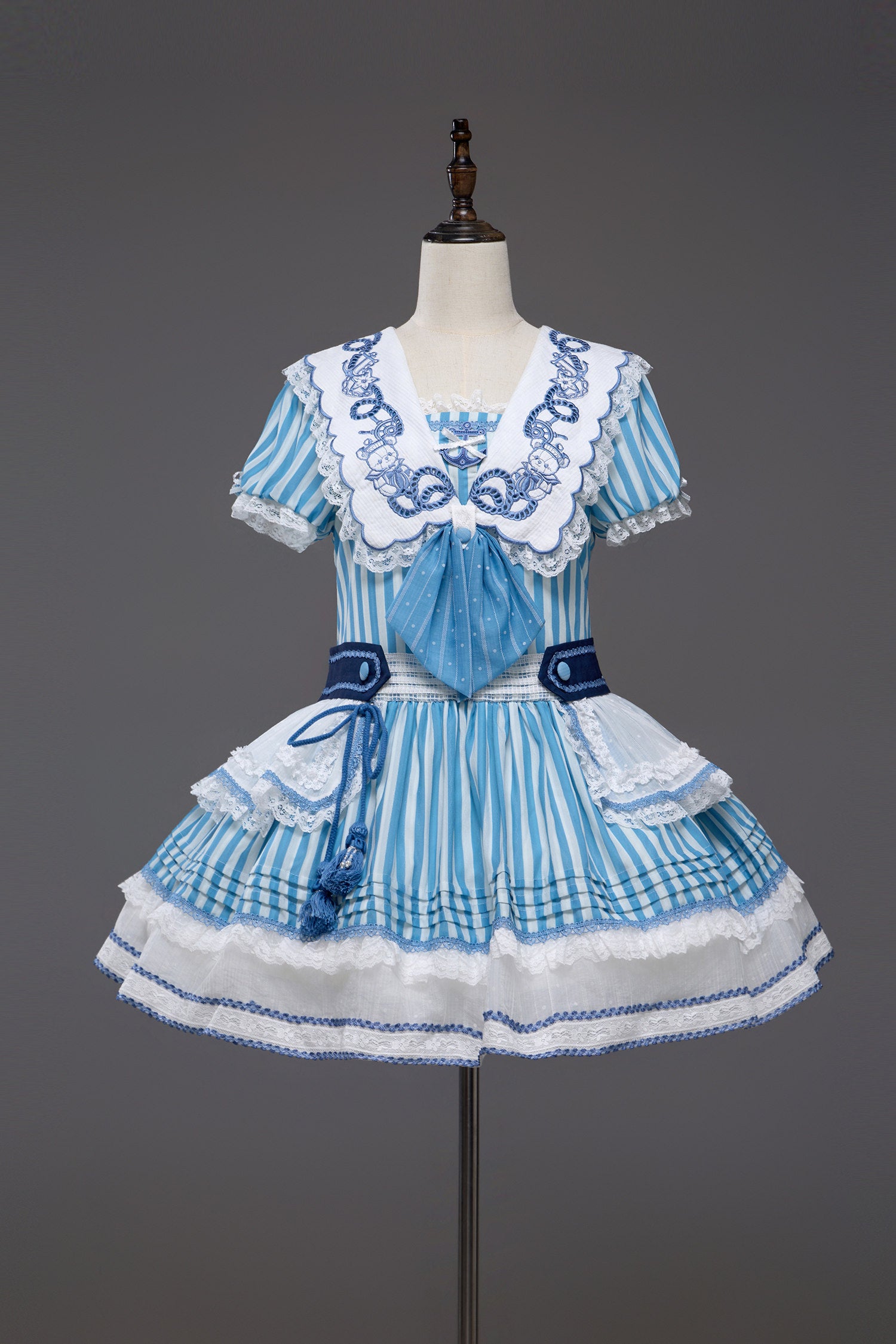 Antique Sailor Bear Blue Stripe Low Waist Lolita OP Dress