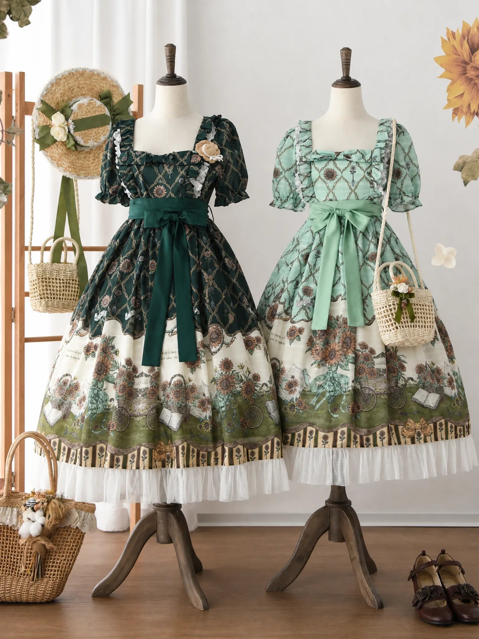 Golden Sunlit Summer Sunflower Print Classic Lolita Short Sleeve OP Dress