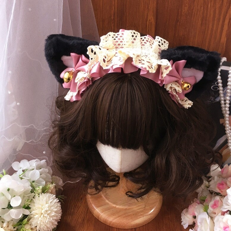 Plush Cat Ear Lace Lolita KC Headband with Bell Classic Vintage Style