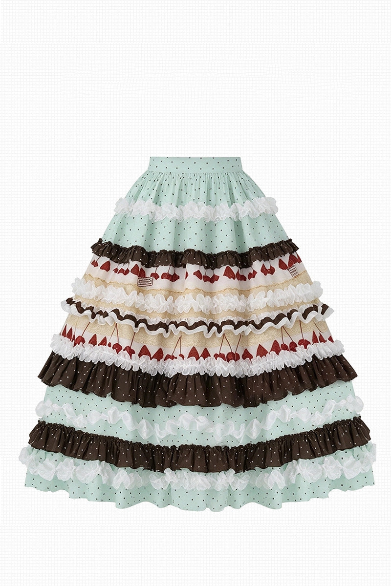 Chocolate Strawberry Polka Dot Puffy Long Cake Skirt