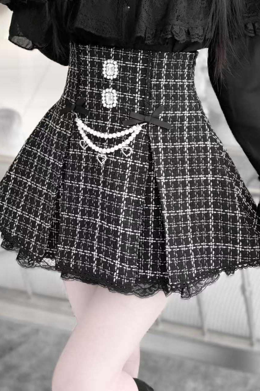 Lolita Pearl Chain Tweed Lace Skirt