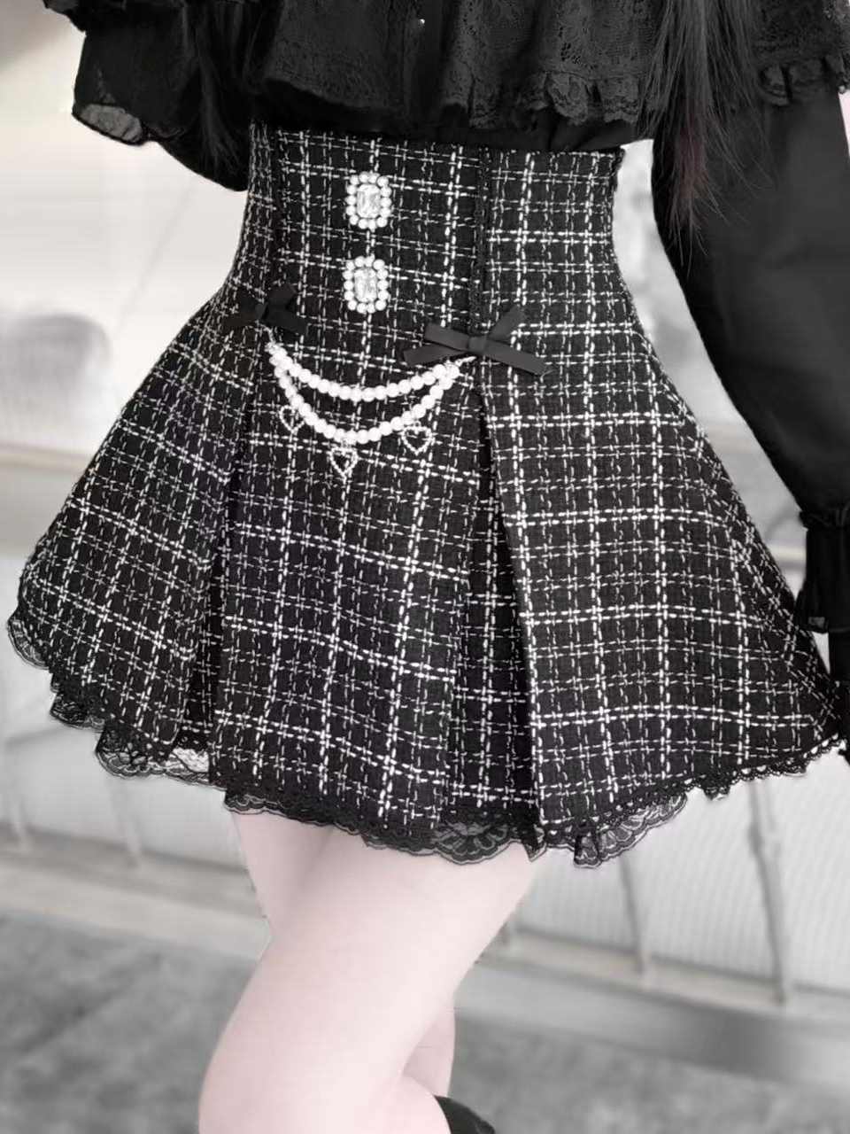 Lolita Pearl Chain Tweed Lace Skirt LR1003