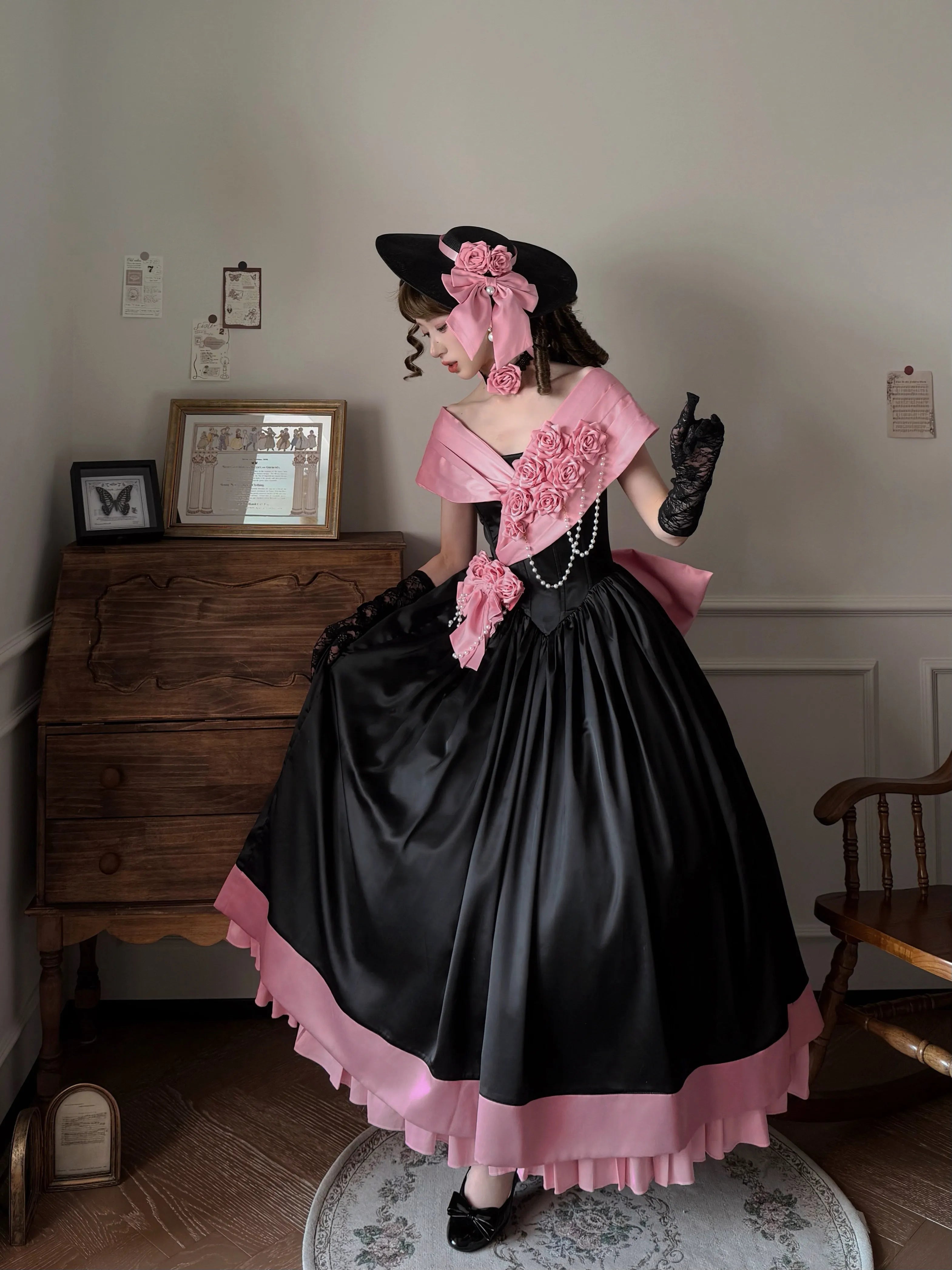 Rose 3D Floral Pearl Gothic Lolita Ball Gown OP Dress