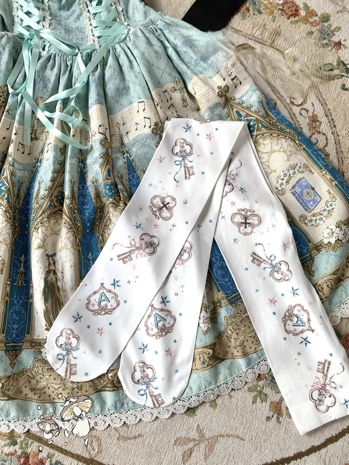 Alice Gold or Silver Key Print Stretch Velvet Lolita Tights