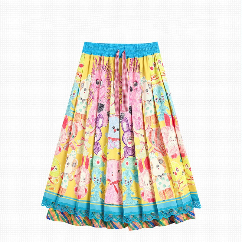 Color Block Doll Graffiti Pleated Long Skirt