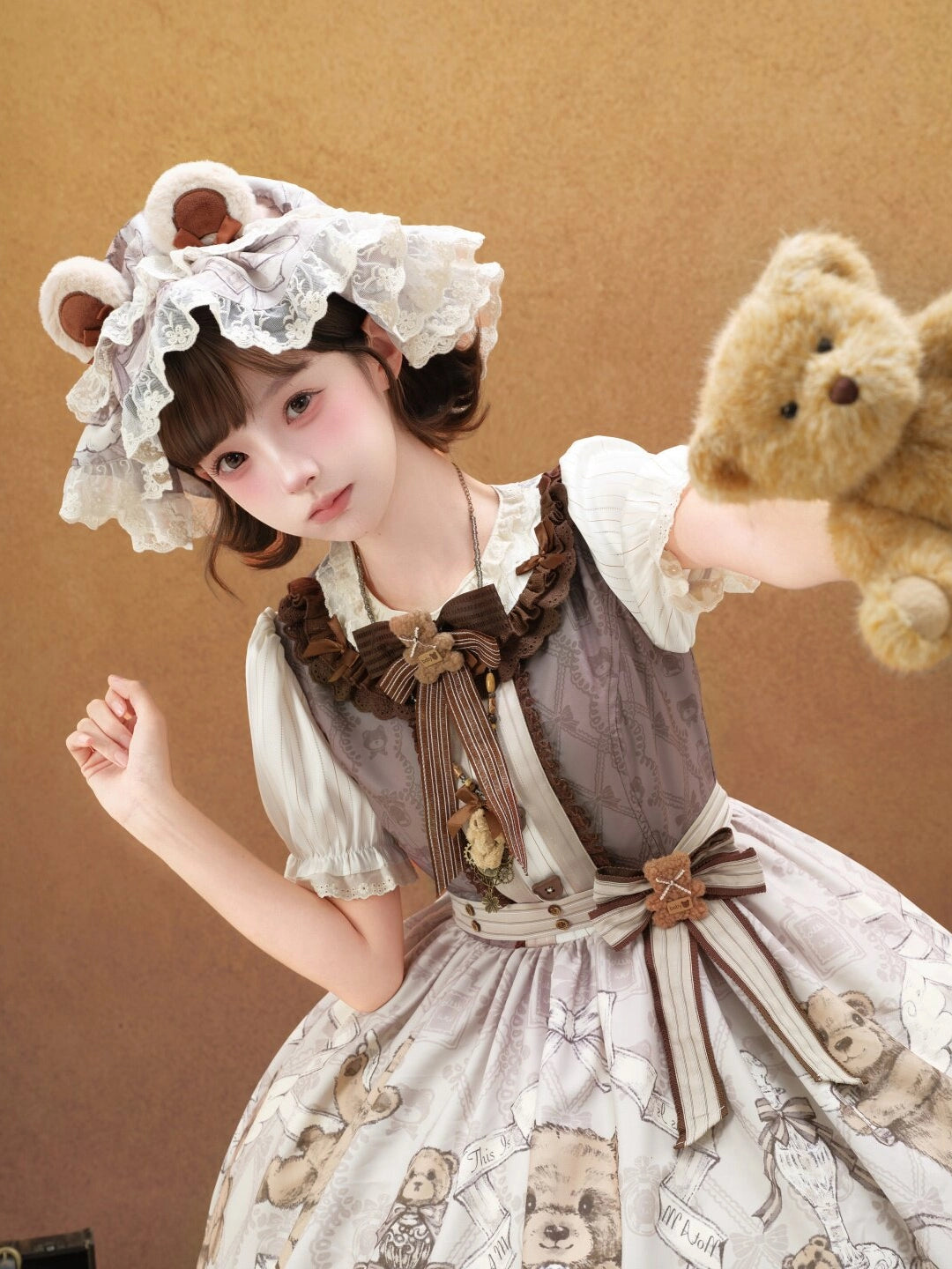 Fula Bear's Perfume Shop Lolita Vintage Bear Print OP Dress
