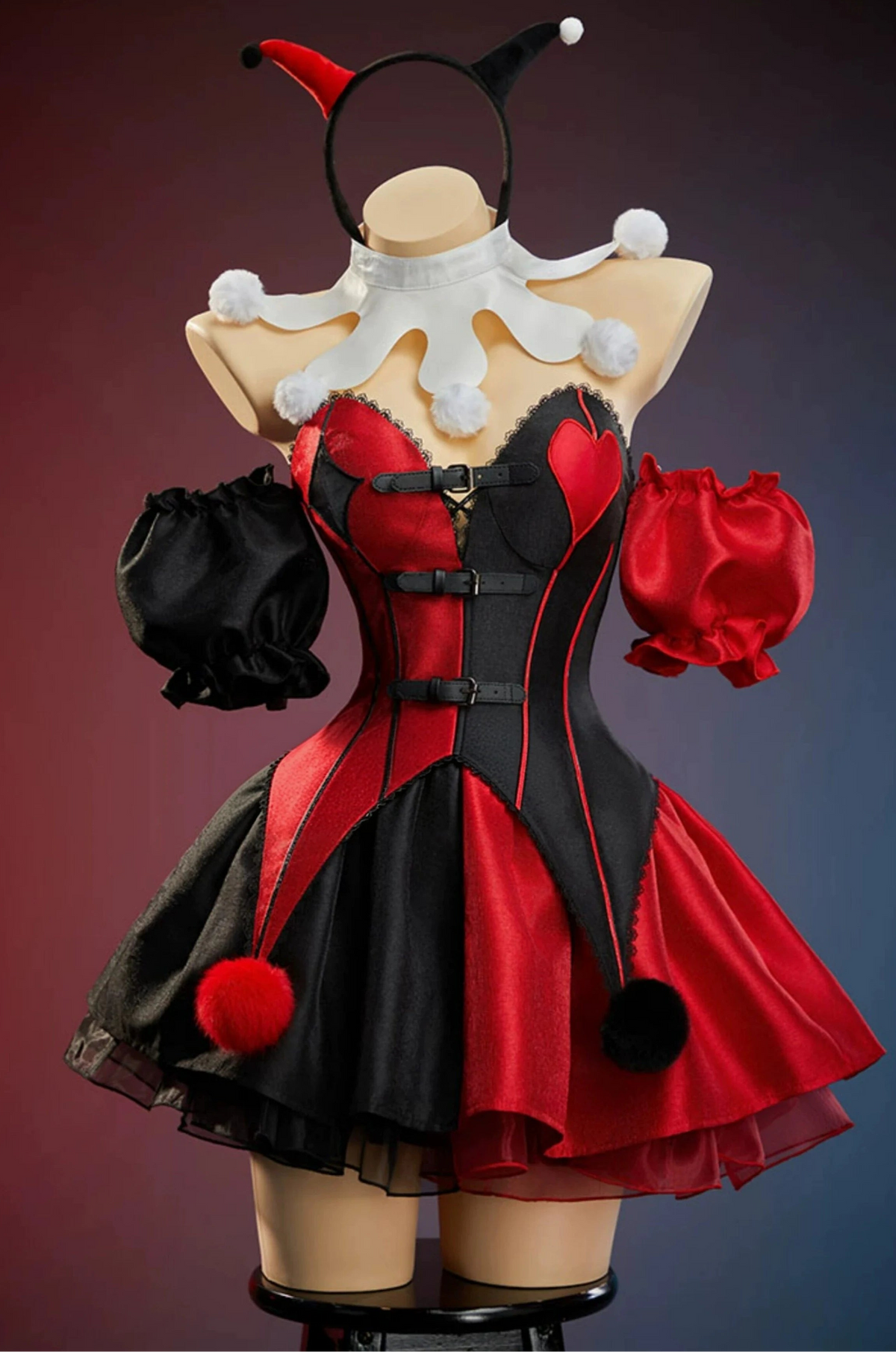 Harley Quinn Gothic Red & Black Patchwork Halloween Clown Cosplay Costume