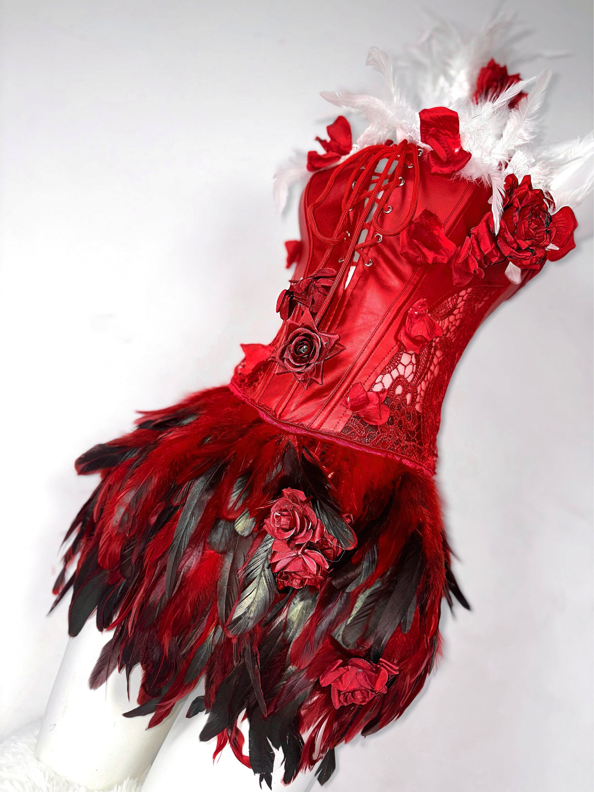 Red and White Roses Gothic Drawstring Feather Corset