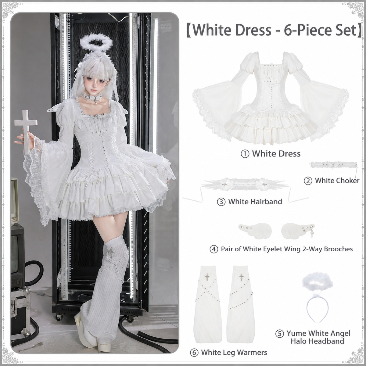 White Night Feather Lolita Sweet Cool Hime Sleeve Mini Dress Set