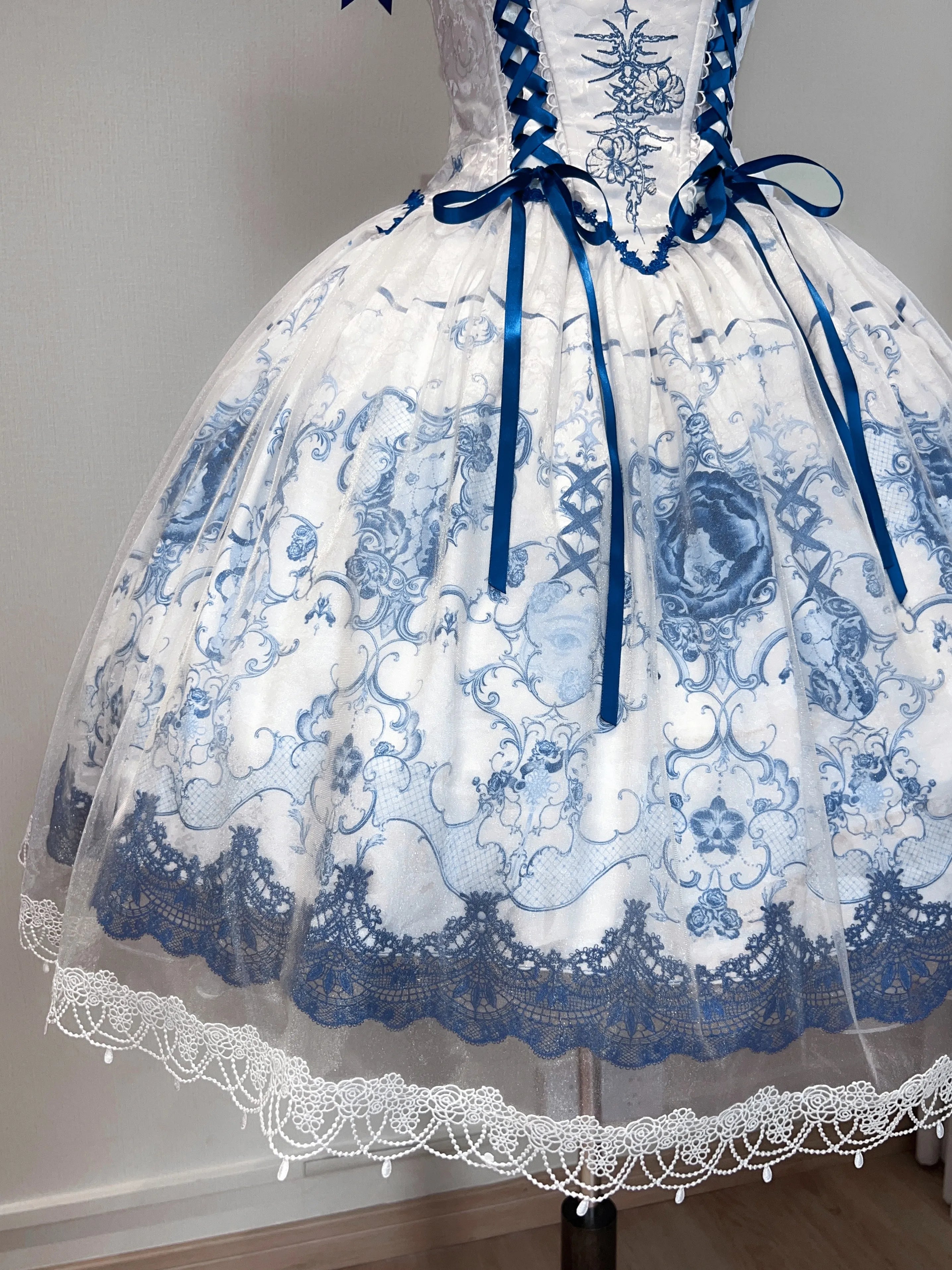 Ling Long Ci Blue Porcelain Butterfly Orchid Print Gothic Lolita Bustier JSK