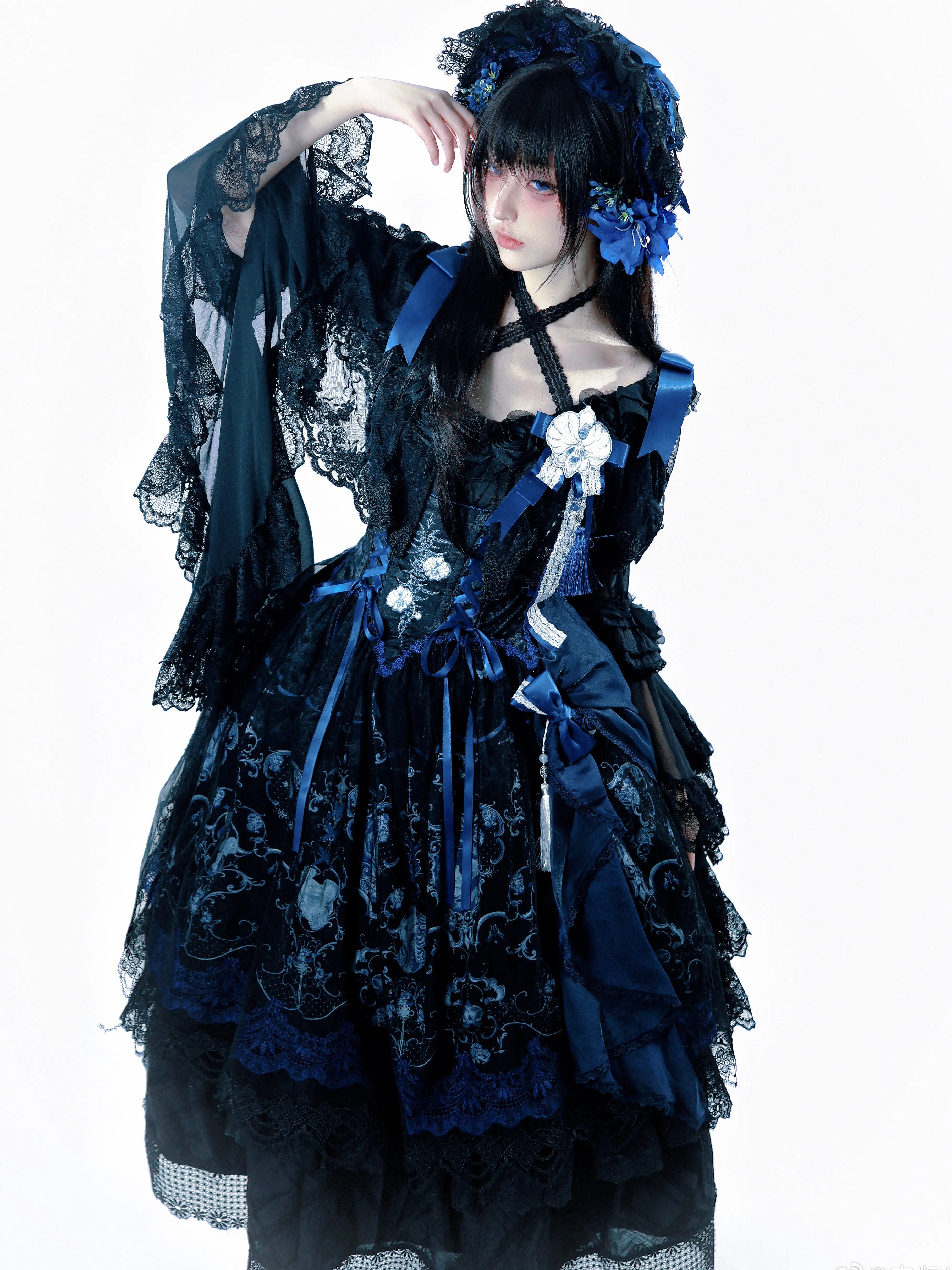 Ling Long Ci Blue Porcelain Butterfly Orchid Print Gothic Lolita Bustier JSK