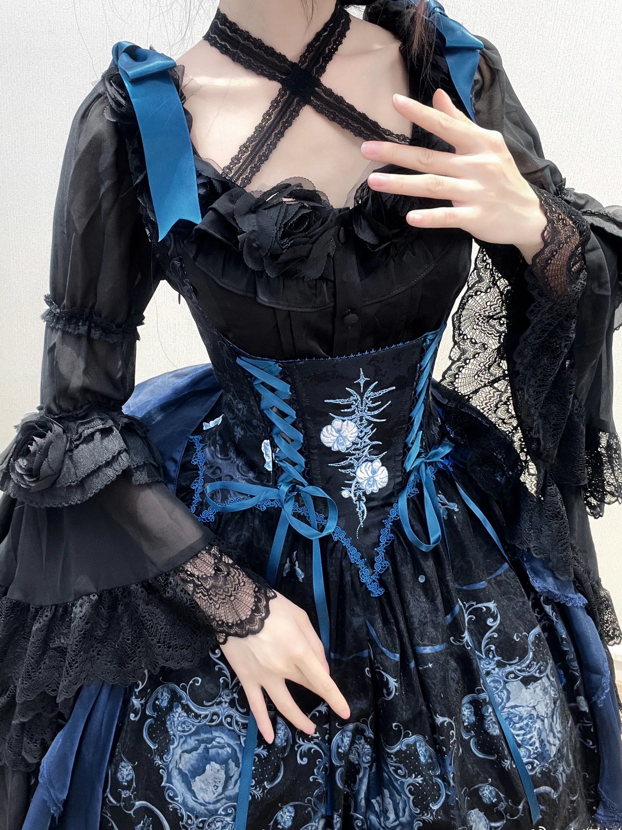 Ling Long Ci Blue Porcelain Butterfly Orchid Print Gothic Lolita Bustier JSK