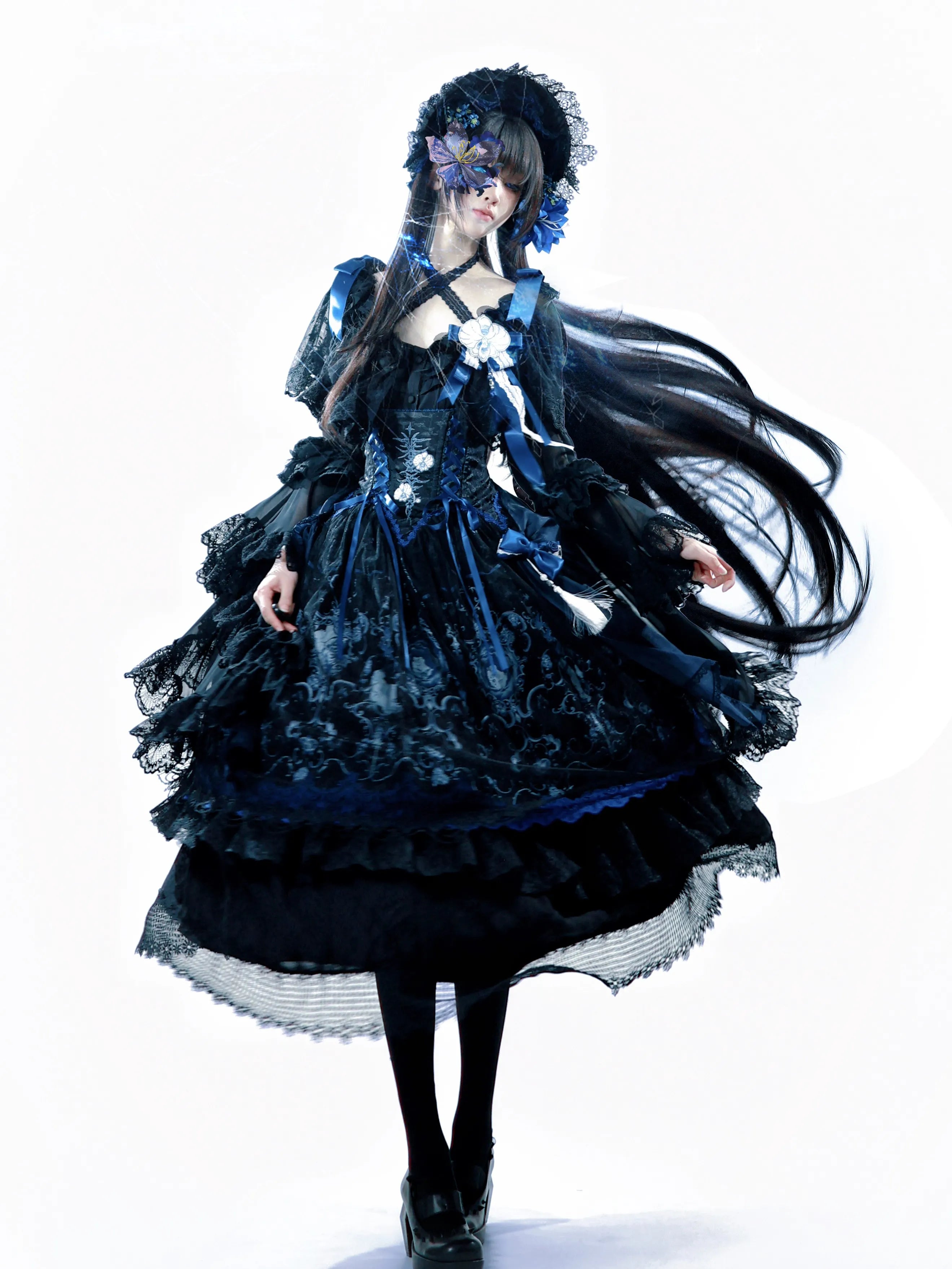 Ling Long Ci Blue Porcelain Butterfly Orchid Print Gothic Lolita Bustier JSK