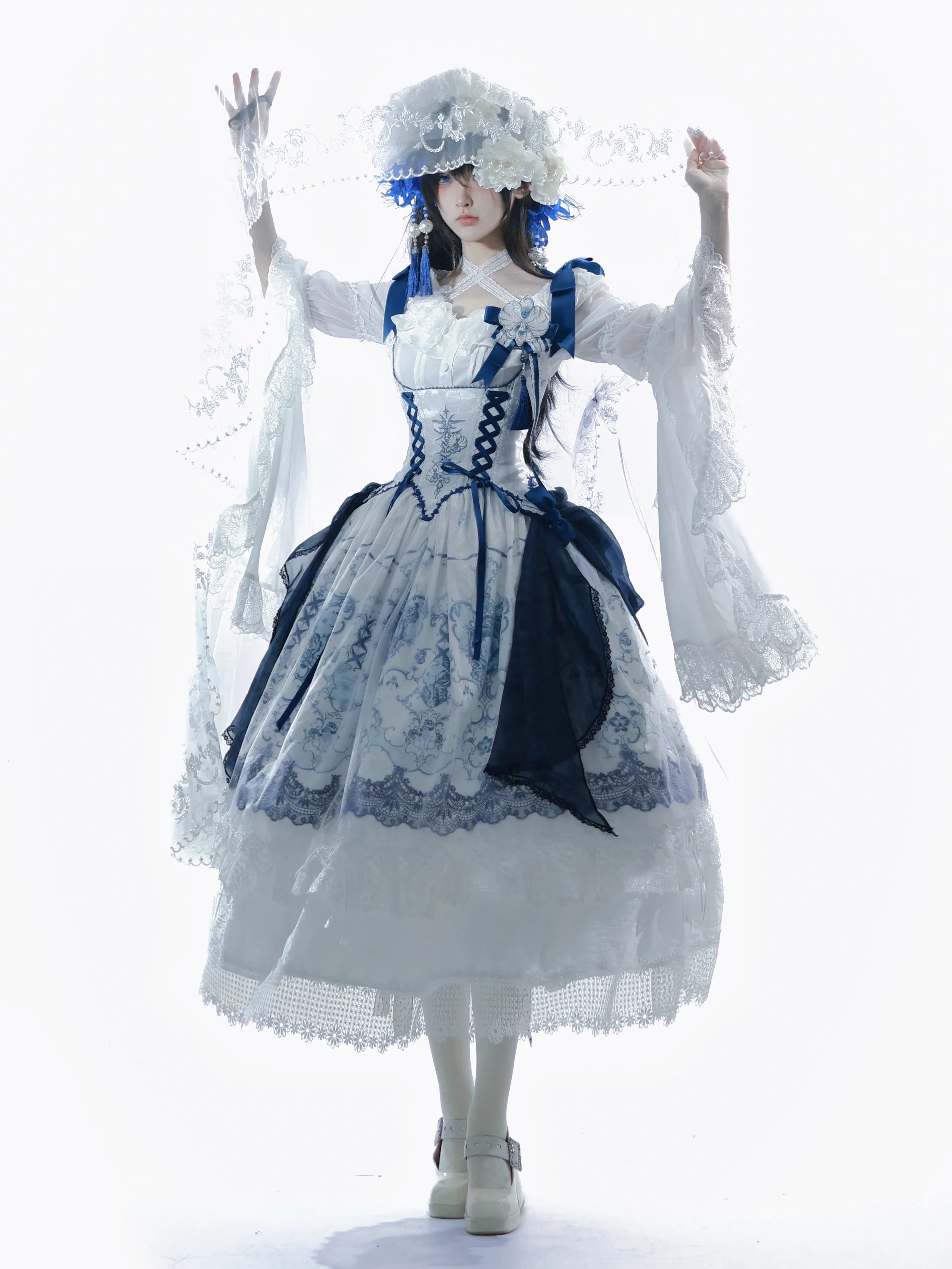 Ling Long Ci Blue Porcelain Butterfly Orchid Print Gothic Lolita Bustier JSK