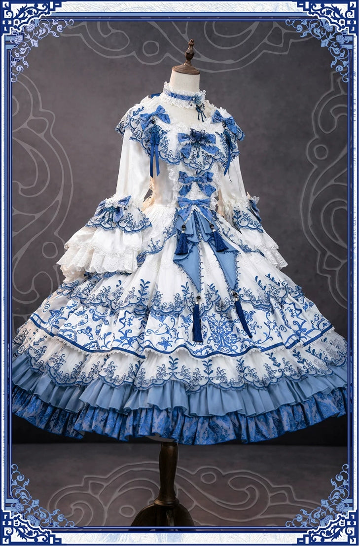 Butterfly Blue and White Porcelain Floral Embroidery Classic Lolita OP Dress