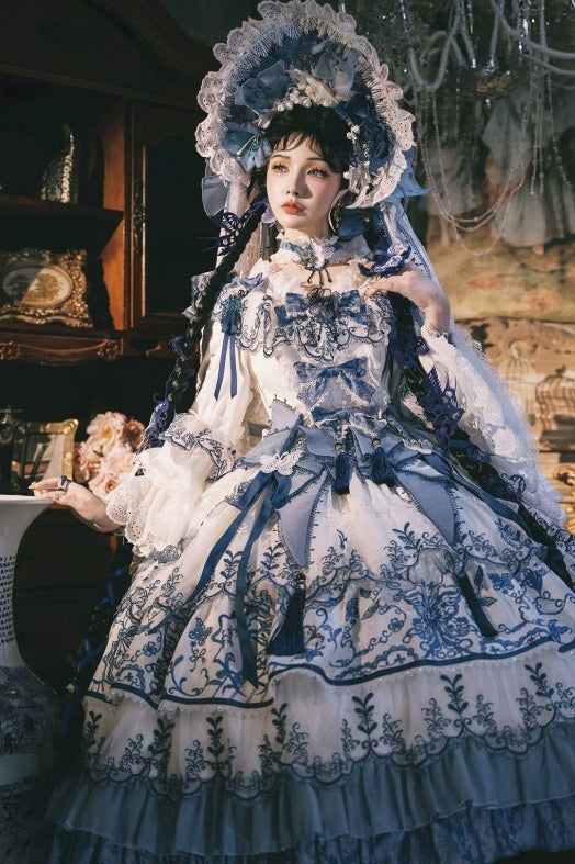 Butterfly Blue and White Porcelain Floral Embroidery Classic Lolita OP Dress