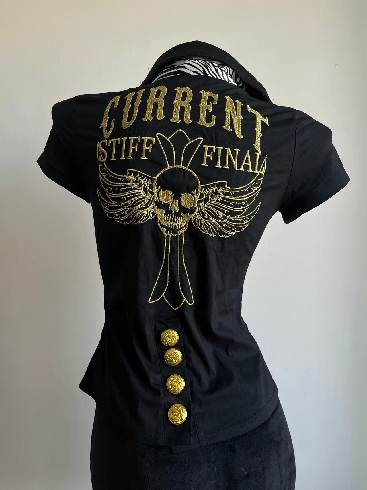 Skull Wing Embroidery Zebra Print Fitted Gyaru Shirt