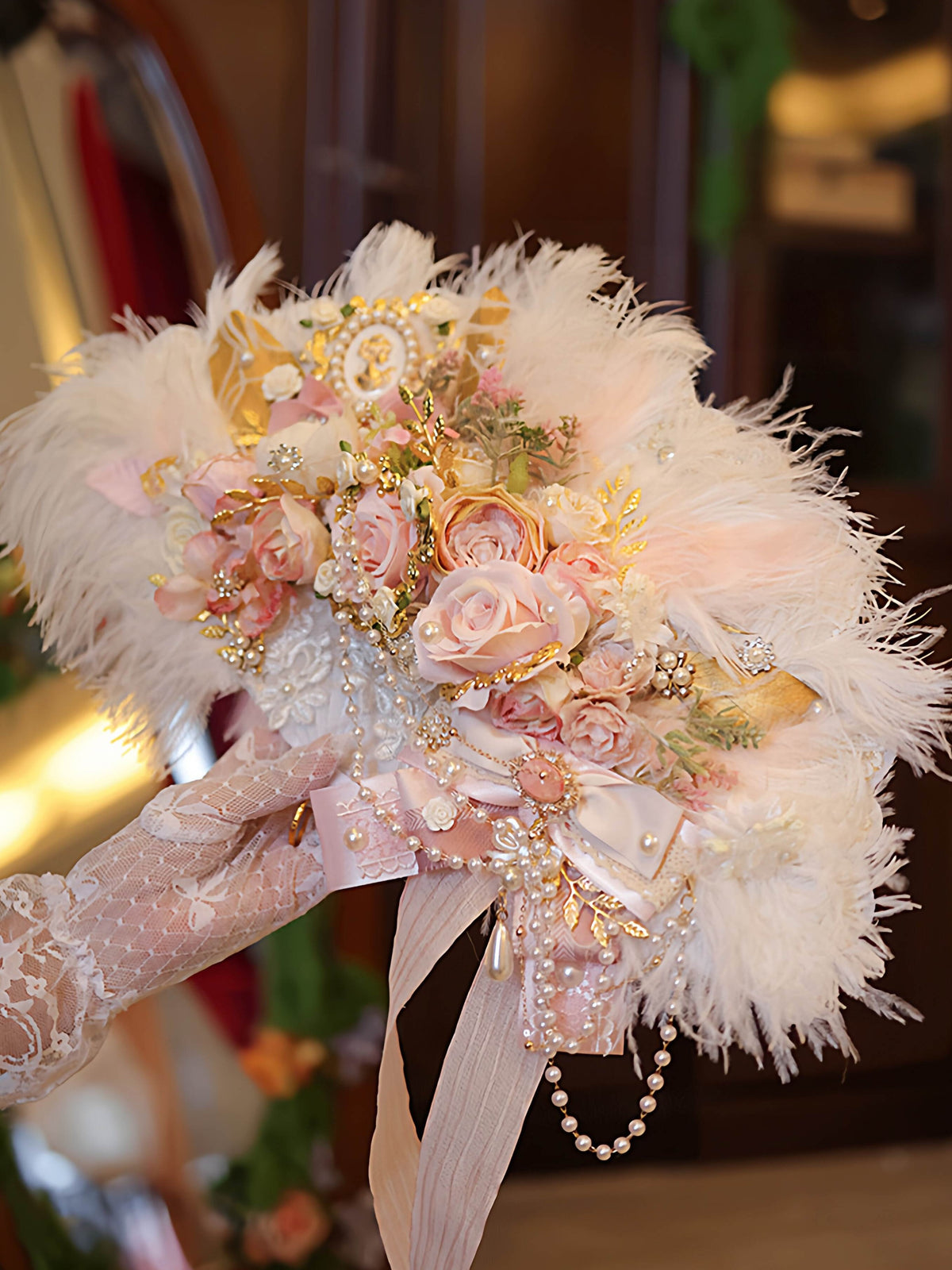 Lolita Handmade Rococo Bridal Tea Party Ostrich Feather Fan