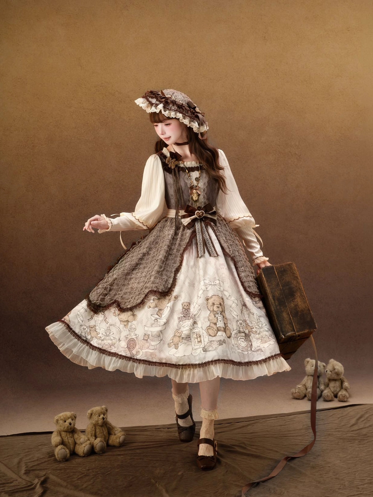 Fula Bear's Perfume Shop Lolita Vintage Bear Print OP Dress