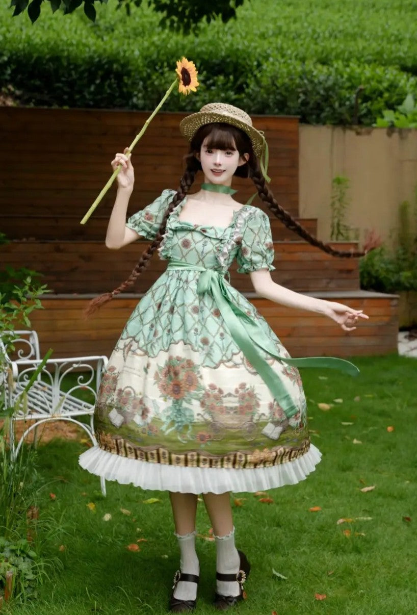 Golden Sunlit Summer Sunflower Print Classic Lolita Short Sleeve OP Dress