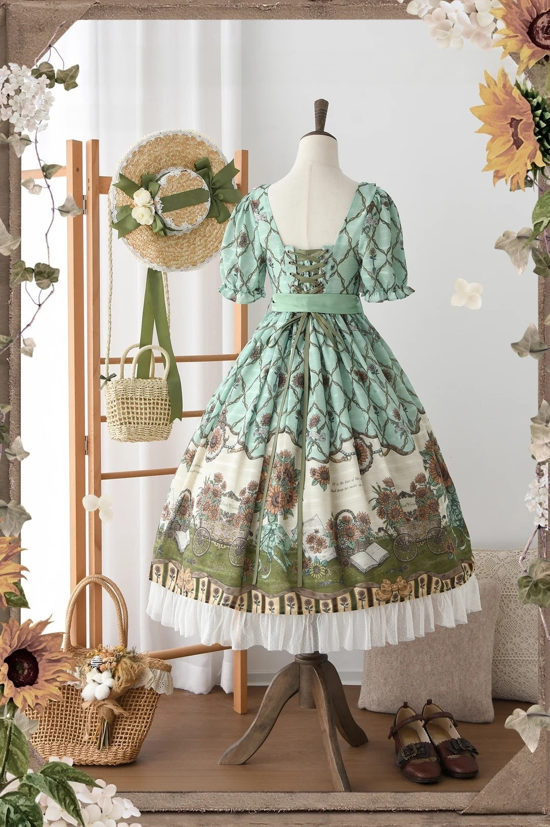 Golden Sunlit Summer Sunflower Print Classic Lolita Short Sleeve OP Dress