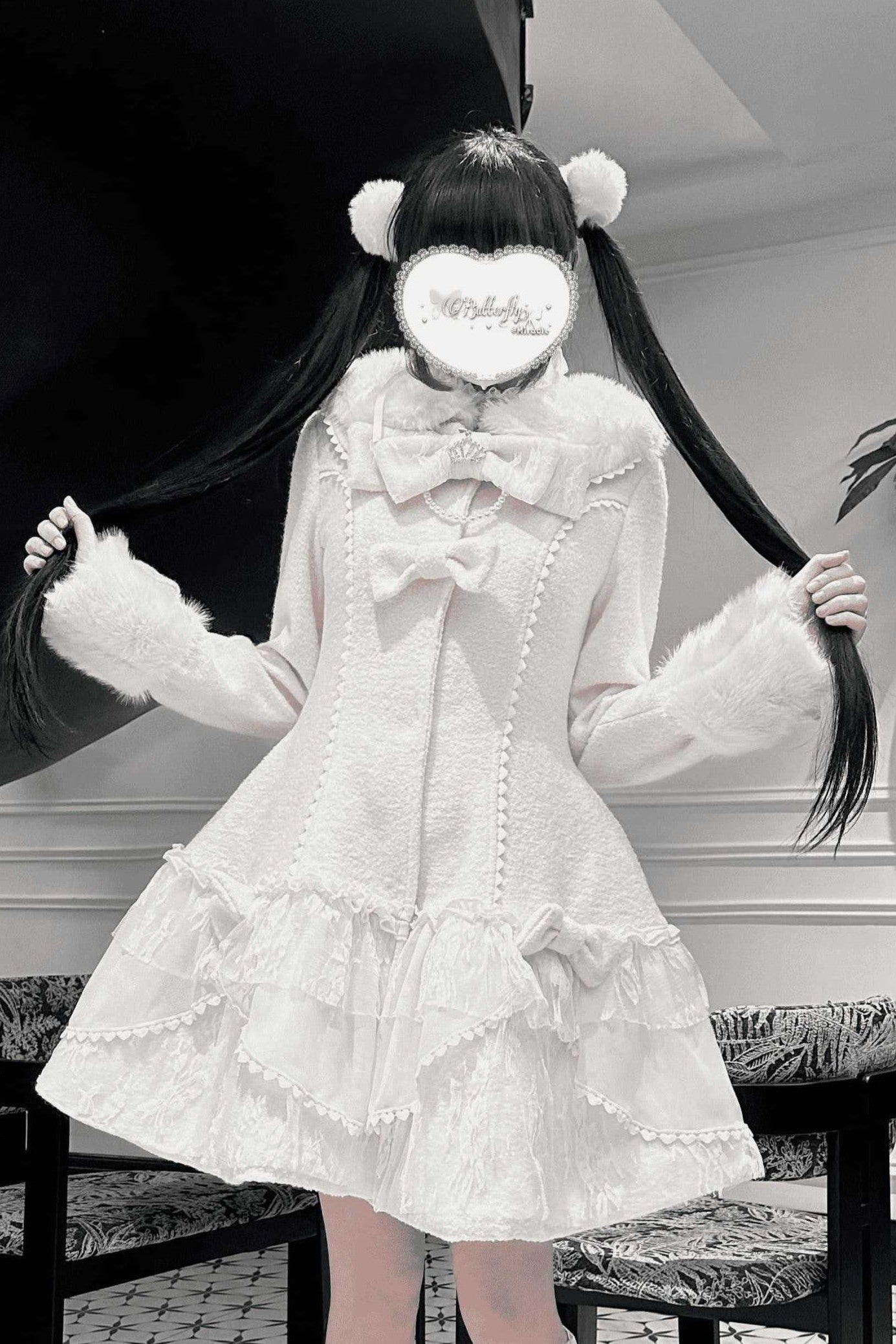 Ryōsangata 30% Wool Blend Sweet Girly Bow Lace Winter Overcoat LR1010