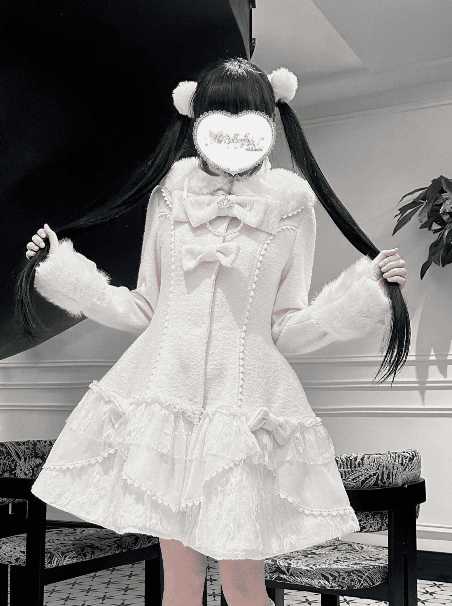 Ryōsangata 30% Wool Blend Sweet Girly Bow Lace Winter Overcoat LR1010