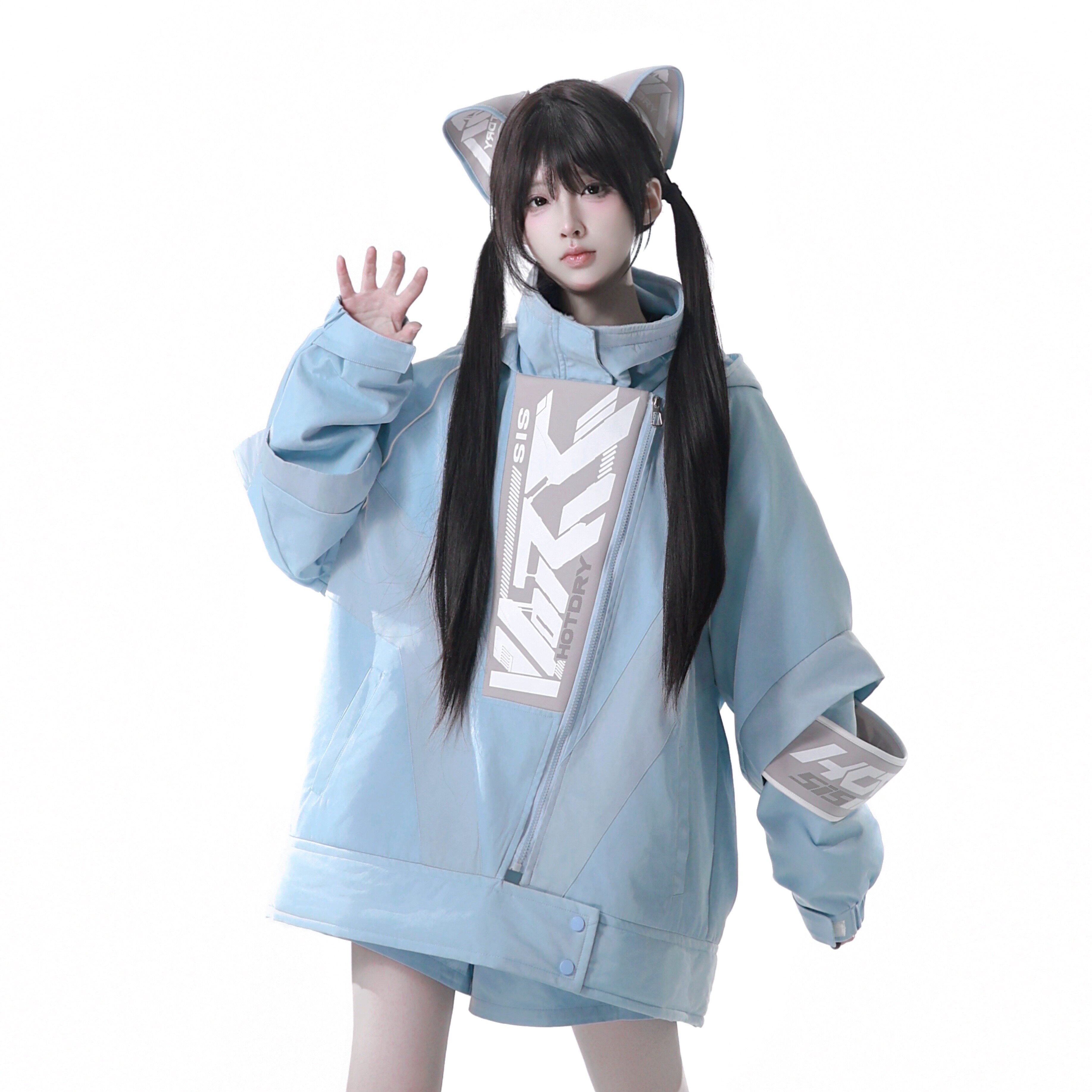Dystopian Techwear Two-Piece Fleece-Lined Jacket and Shorts Set