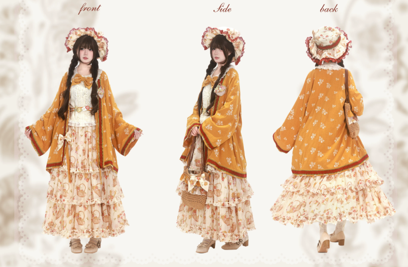 Blossoming Hibiscus Lolita Original Raccoon Sleeve Collar Blouse & Tiered Half Skirt Set