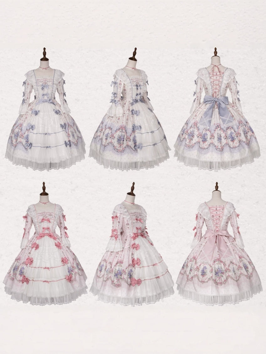 Iris Clock Floral‑Wall Front‑Opening Lolita Hime‑Sleeve Dress