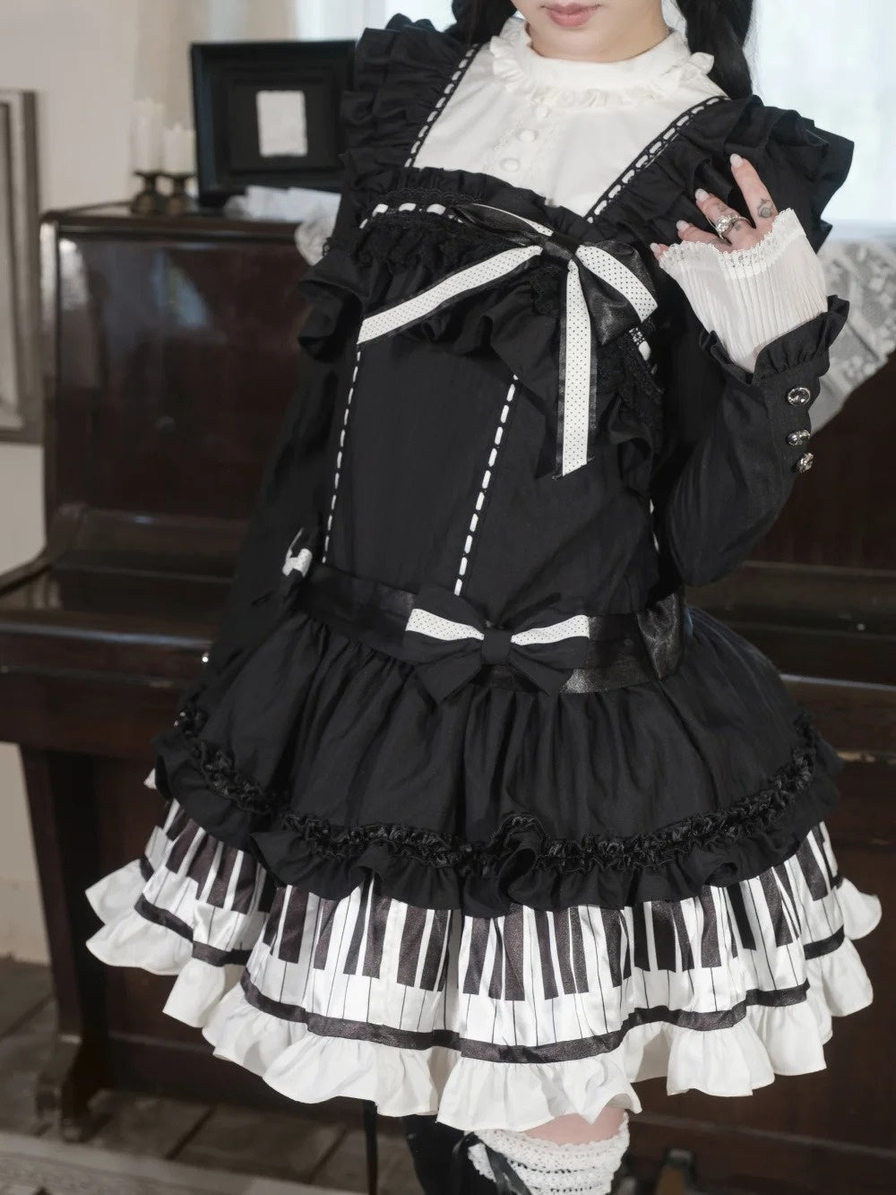 lvory & Eboony Piano Keys Black & White Gothic Waistless Flutter Doll Dress