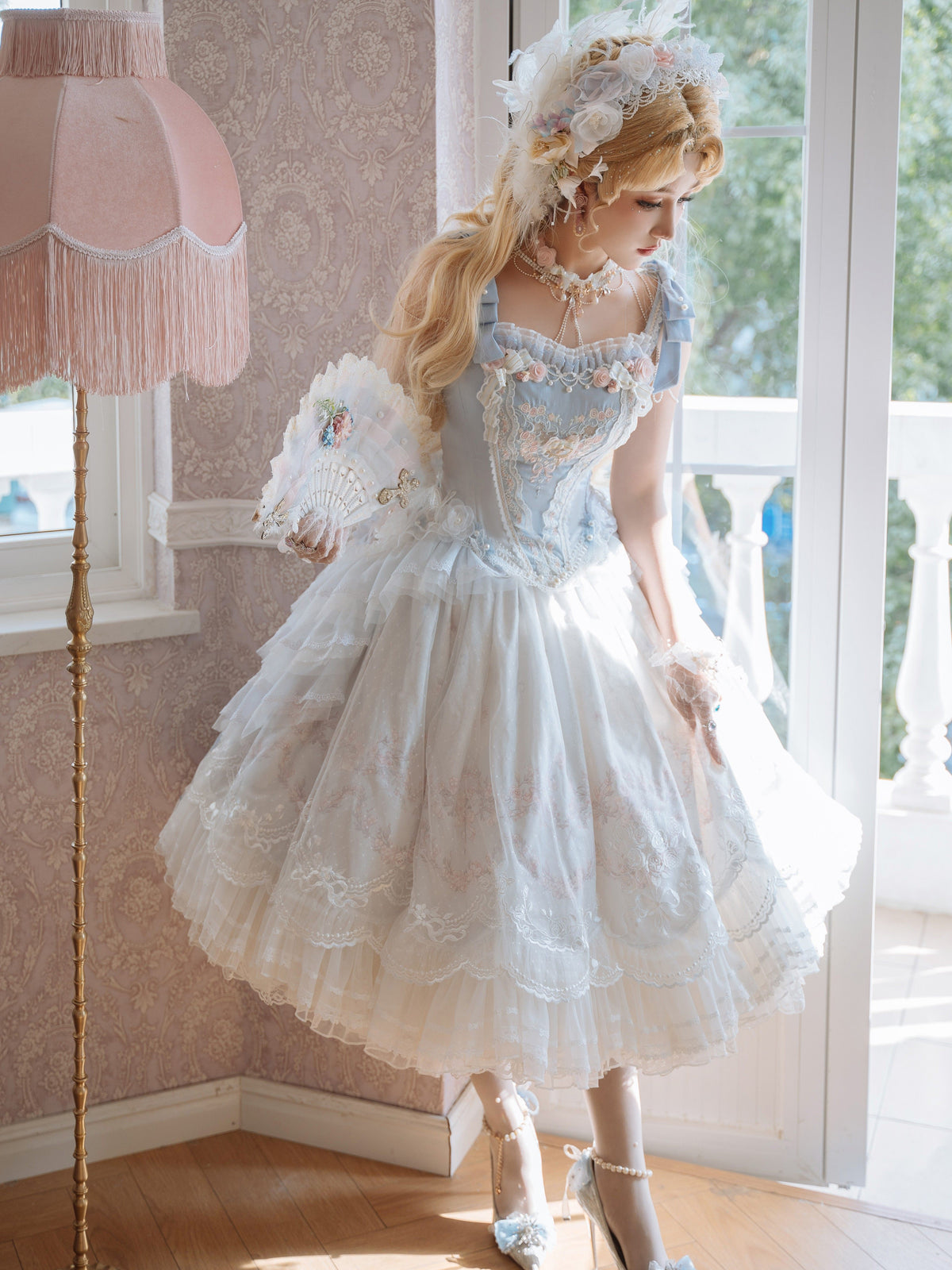 Dream Dance Lolita Bridal Embroidered Blue Boned Corset Dress