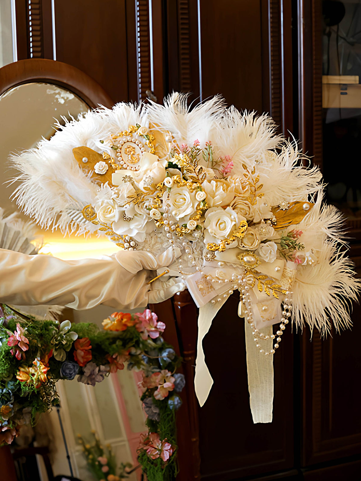 Lolita Handmade Rococo Bridal Tea Party Ostrich Feather Fan