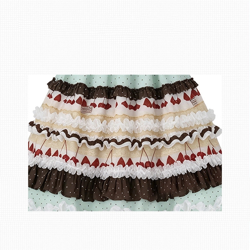 Chocolate Strawberry Polka Dot Puffy Long Cake Skirt