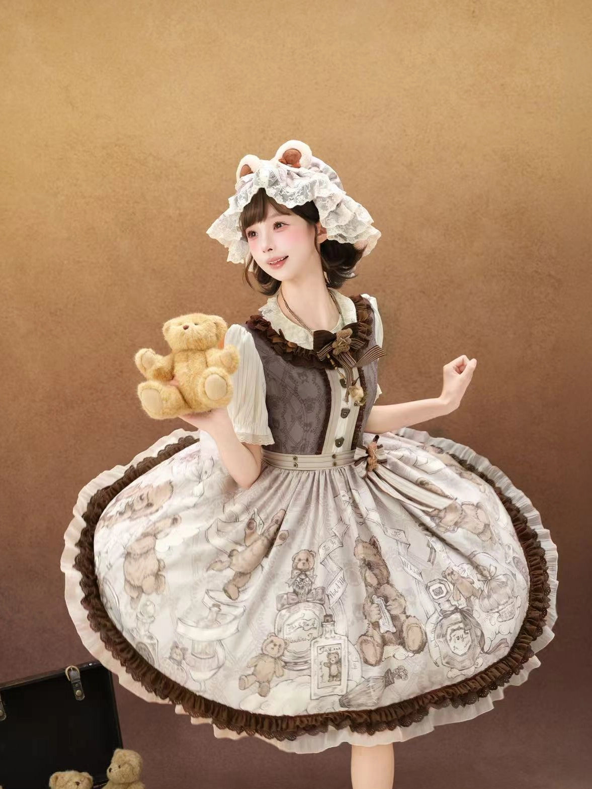 Fula Bear's Perfume Shop Lolita Vintage Bear Print OP Dress