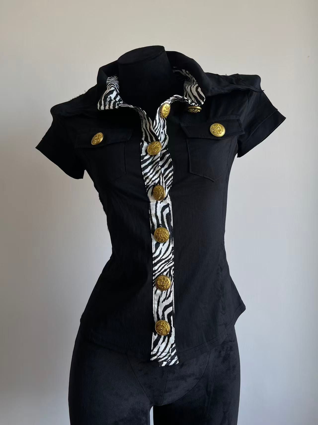 Skull Wing Embroidery Zebra Print Fitted Gyaru Shirt