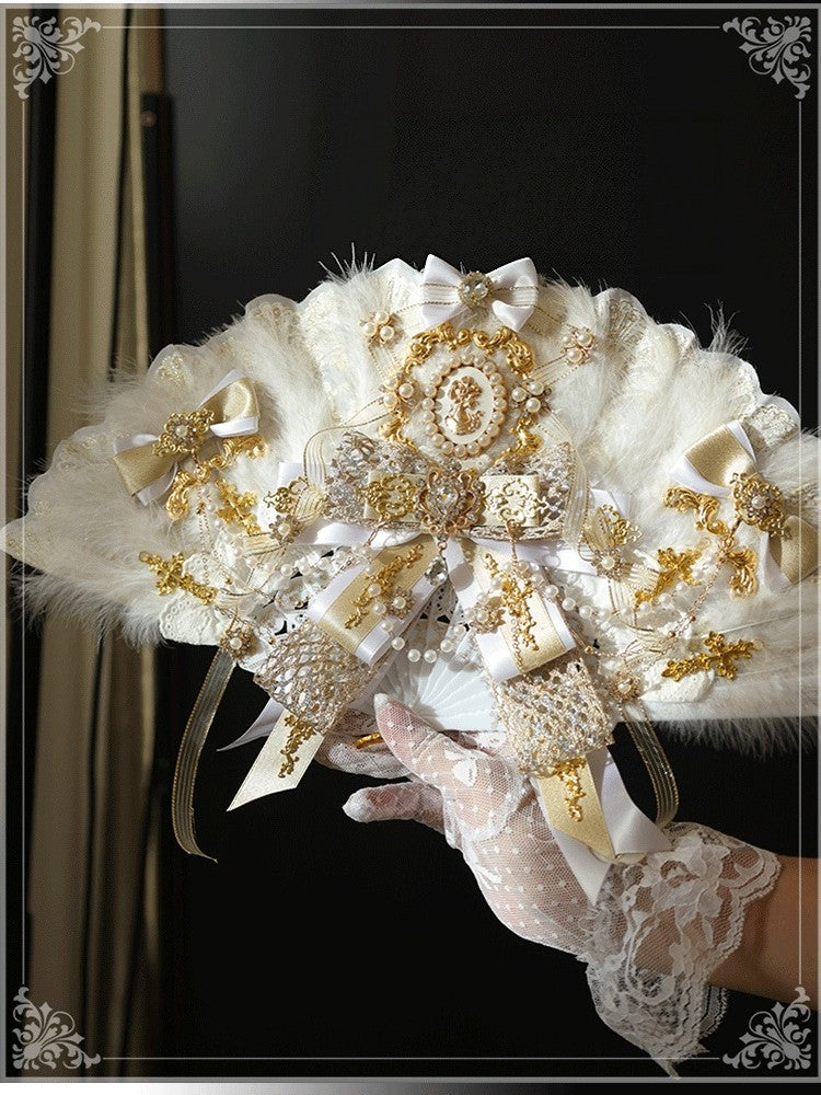 Lolita Handmade Imperial Gorgeous Palace Style Black & White Feather Fan