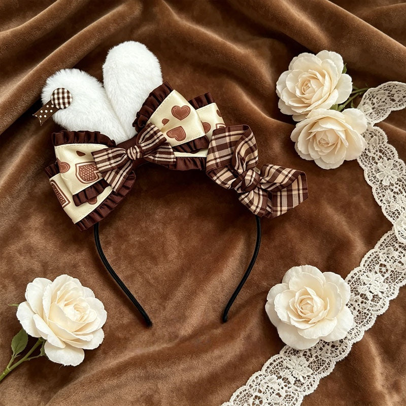 Chocolate Bear Bunny Ear Plaid Lolita KC Headband with Bow