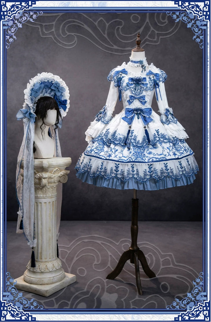 Butterfly Blue and White Porcelain Floral Embroidery Classic Lolita OP Dress