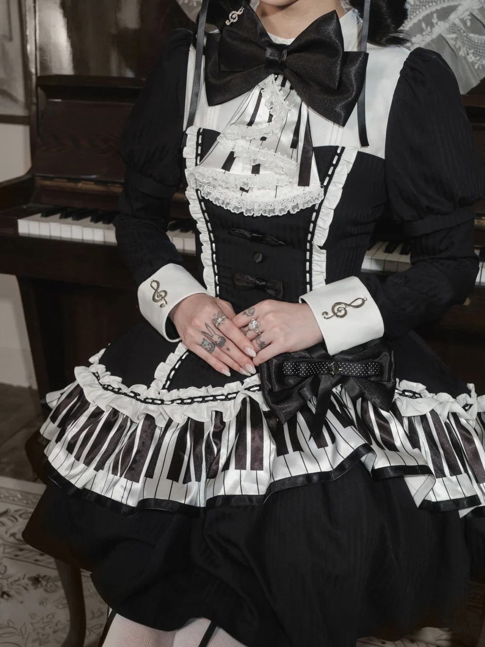 lvory & Eboony Piano Keys Black & White Gothic Stand Collar Cinched Dress