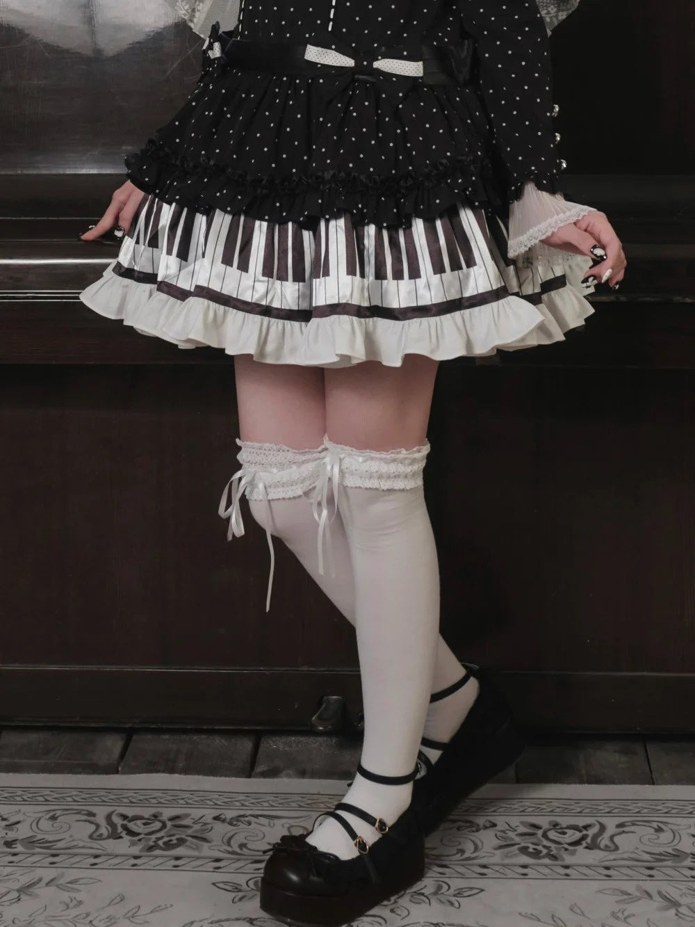 lvory & Eboony Piano Keys Black & White Gothic Stand Collar Cinched Dress