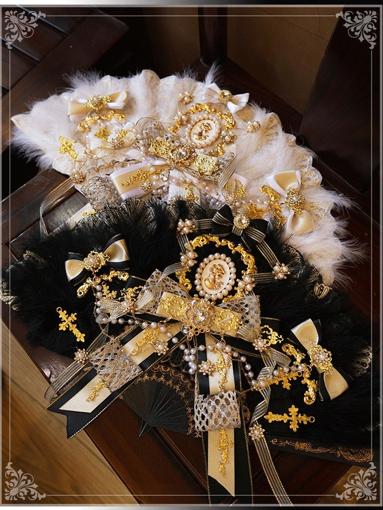Lolita Handmade Imperial Gorgeous Palace Style Black & White Feather Fan