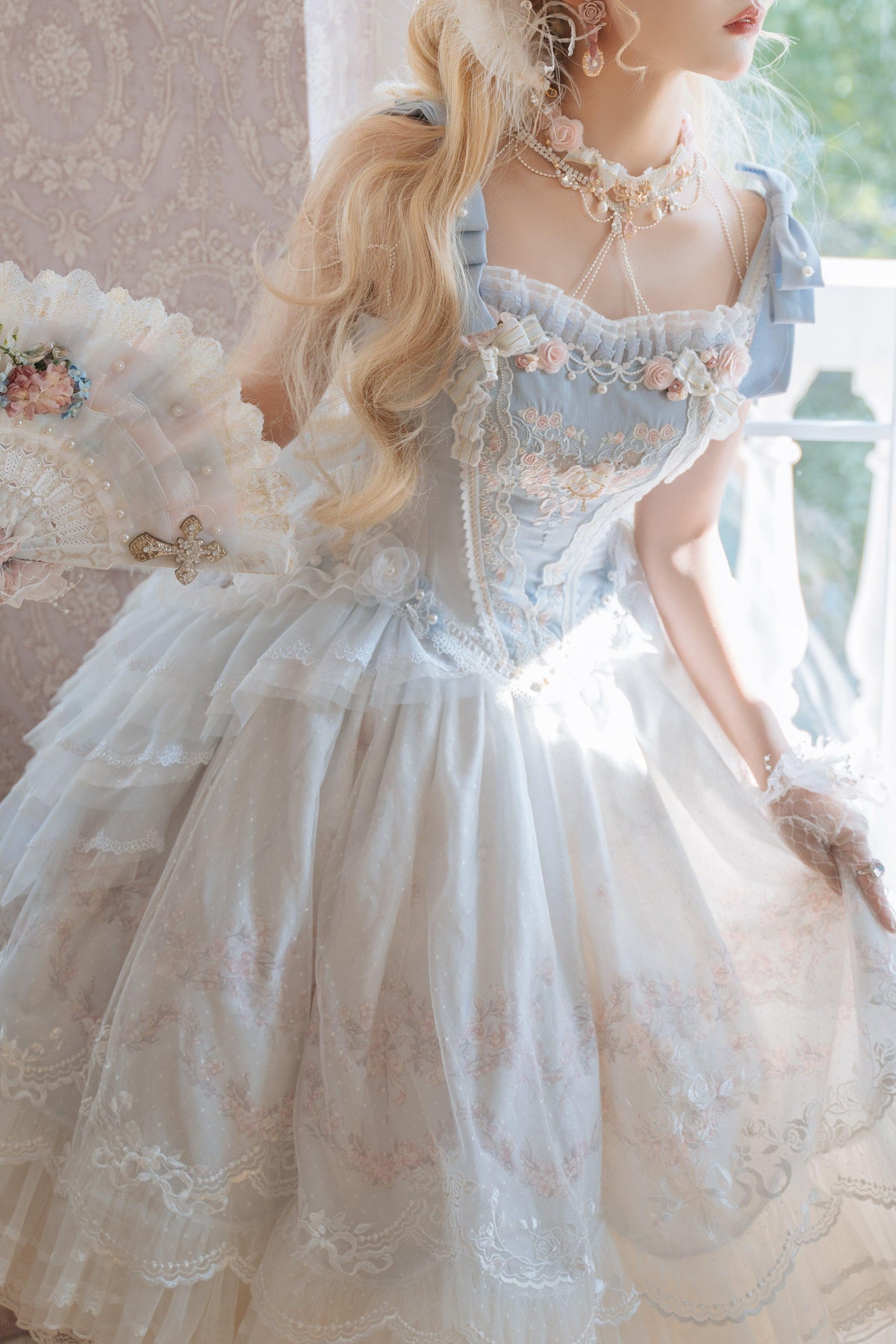 Dream Dance Lolita Bridal Embroidered Blue Boned Corset Dress