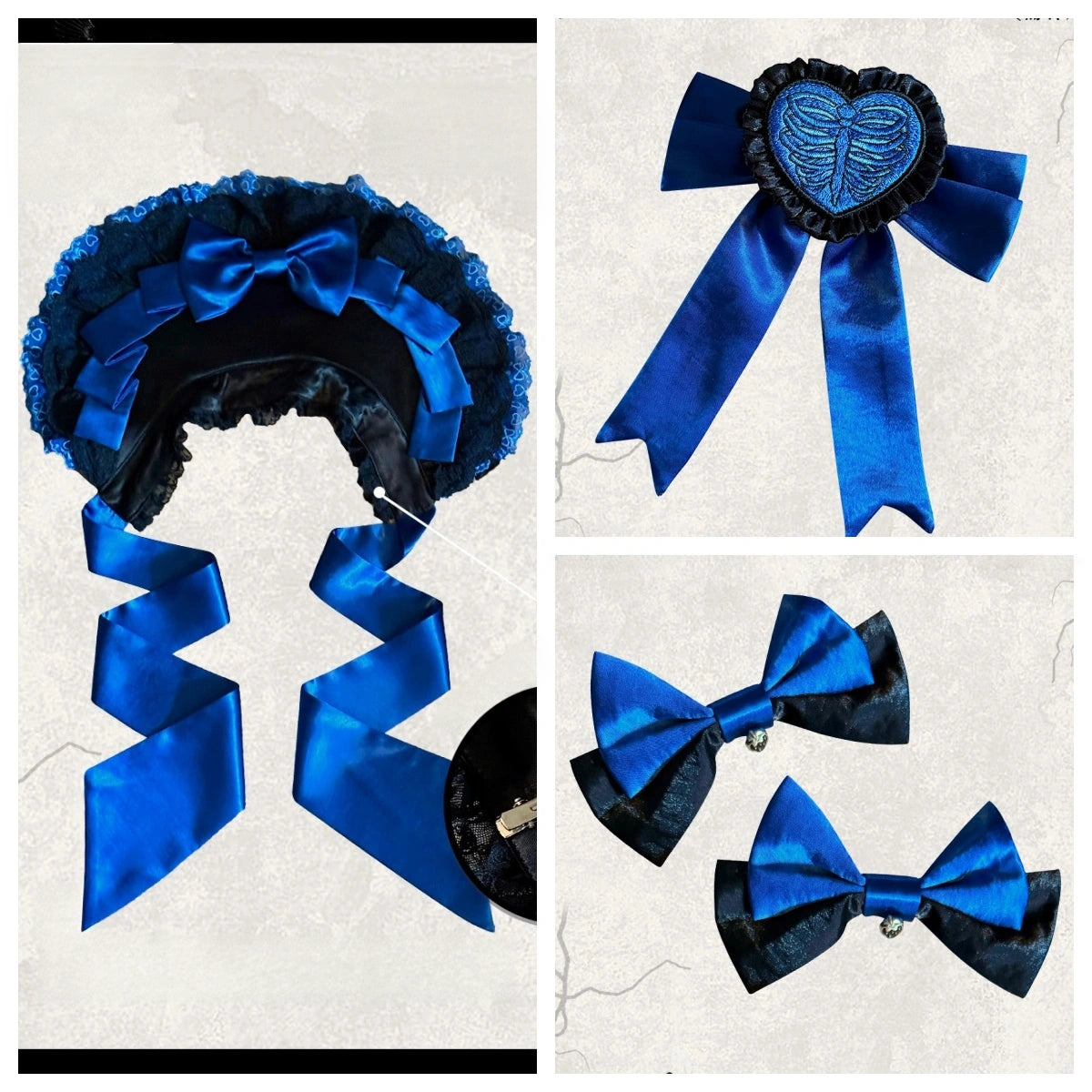 Strawberry Heart Bone Black and Blue Gothic Lolita OP Dress